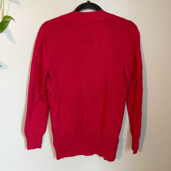 Red Button V Neck Cardigan Sweater - Picture 2 of 4